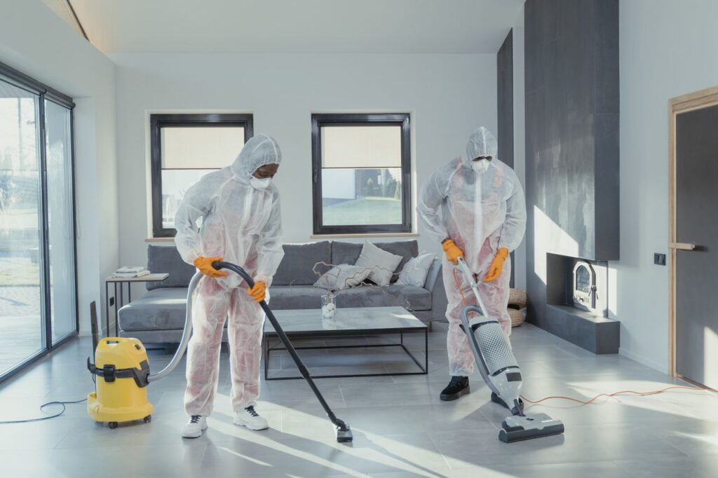 pexels photo 6195288 Two workers in protective gear vacuum and disinfect a modern living room.
